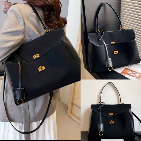 Handbags - Black faux suede & faux leather contrast tote shoulder bag / handbag purse